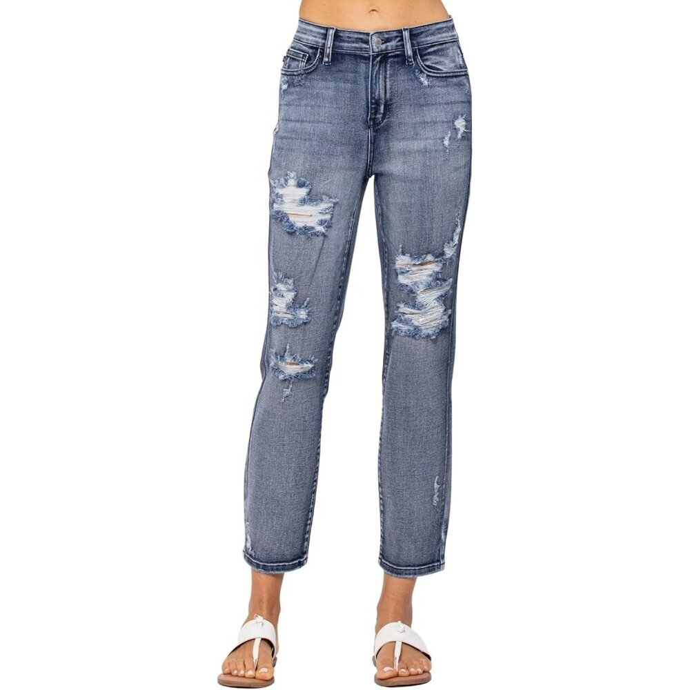 High Rise Destroyed Boyfriend Jeans Womens Plus Size Distressed Stretch Denim